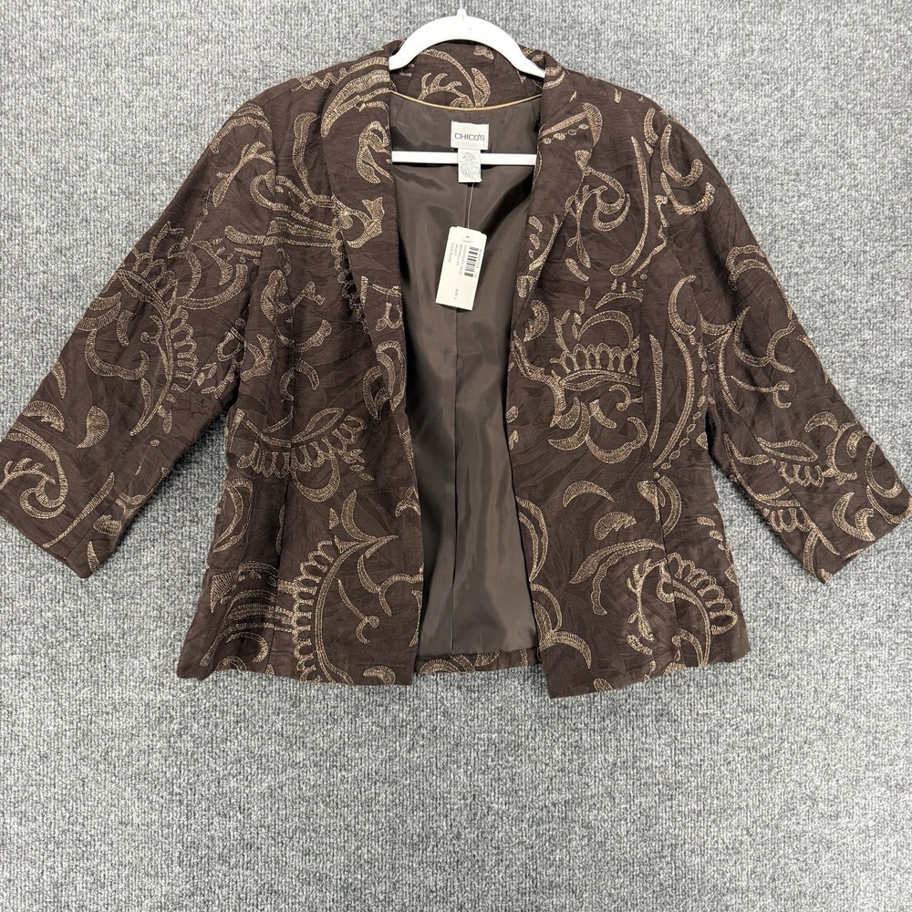 Chicos Jacket 1 Womens M Brown Linen Open Front Embroidered Casual Layer Event